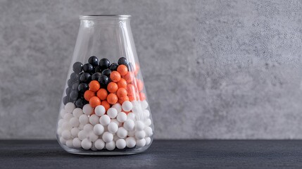 Glass jar filled with black, orange, and white candy against a gray background