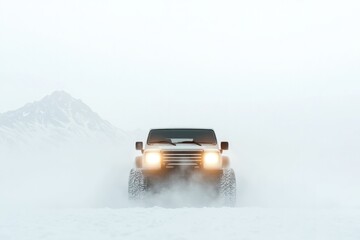 Powerful vehicle navigating through snowy terrain, surrounded by