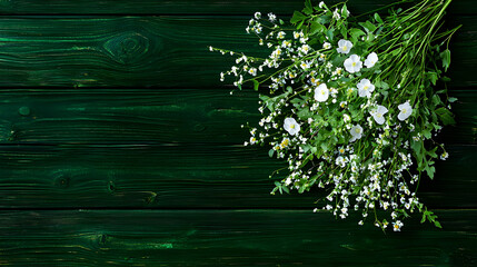 Fototapeta premium White flowers bouquet on dark wood. Spring floral arrangement, rustic background. Ideal for greeting cards