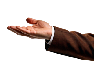 A male hand in a brown blazer, palm facing up as if holding something, on a transparent background.