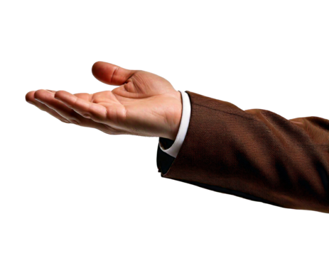 A male hand in a brown blazer, palm facing up as if holding something, on a transparent background.