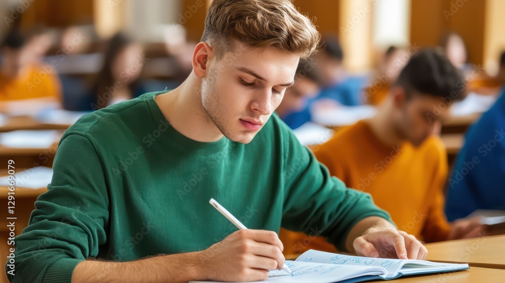 Poster student writes notes in busy lecture hall during class chaos