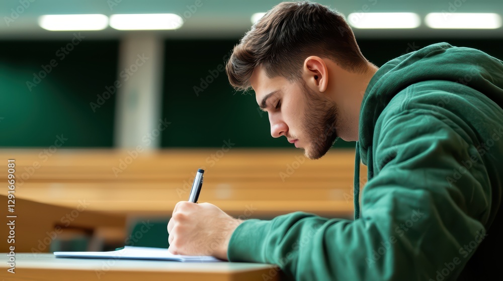 Poster student writing notes in lecture hall during chaotic classroom scene