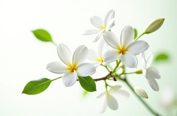 Obraz premium Beautiful jasmine flowers with leaves in air on white background 