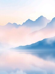 Fototapeta premium A misty mountain range is depicted, with calm reflections mirrored perfectly in the water.