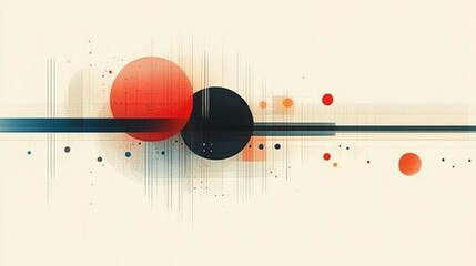 Abstract art with red and black circles, lines, and dots on a beige background.