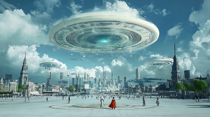 Futuristic Cityscape Under Observation: A Digital Painting of Flying Discs Above a Crowded Plaza AI Generated