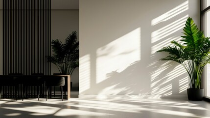 Modern minimalist dining area sunlight shadows plants