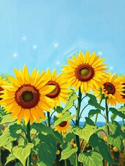 Fototapeta premium An idyllic field filled with sunflowers, their vibrant colors contrasting beautifully with the sunny skies. The view conveys a sense of peace and natural beauty.