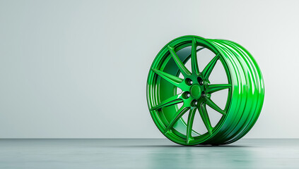 vibrant green car wheel with sleek design, showcasing its glossy finish and intricate spoke...