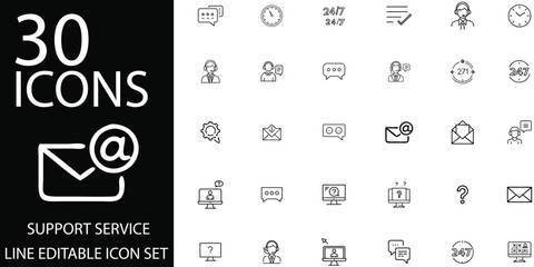 Support Service Icon Set for Customer Service, Helpdesk, 24/7 Assistance, and Live Chat.