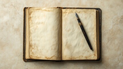 An open book with blank pages and an ink pen resting on top of it. The background is a beige marble, giving the scene an aged appearance, and there is no visible text or writing on any part of the pag