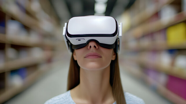 Woman wearing virtual reality headset, exploring futuristic warehouse environment, engaging with cutting-edge digital technology