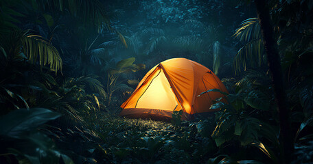 Bright orange tent illuminated in a dark forest during a tranquil night camping adventure in the wilderness surrounded by lush vegetation and towering trees