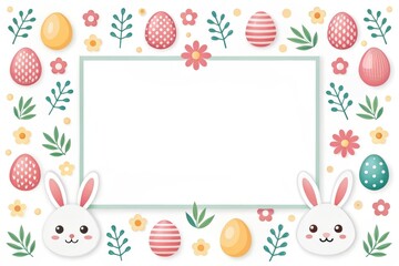 Fototapeta premium Easter background with decorated eggs, flowers, and cute bunnies around a rectangular frame