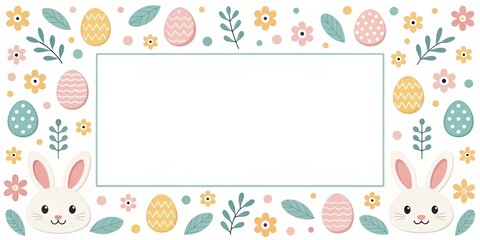 a festive Easter banner featuring eggs, flowers, and adorable bunny rabbits, perfect for seasonal greetings and celebrations. The banner has a rectangular blank space for custom text.