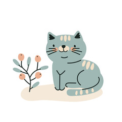 Cute cartoon cat sitting on white background, flat vector illustration