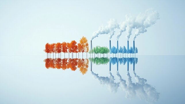 Visual Representation of Economic Externality Concept with Trees and Factories Reflecting Environmental Impact