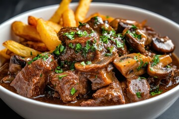 Fototapeta premium Close-up of rich beef bourguignon with mushrooms, served with french fries in a white bowl, garnished with parsley.