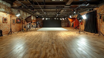 Fototapeta premium Studio Photography Loft, Brick Walls, Lighting Setup
