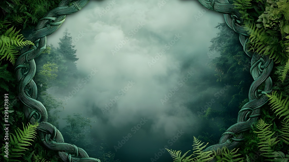 Poster mystic celtic knotwork pattern flowing from both sides framing a deep forest green background with a