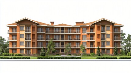 Fototapeta premium Suburban apartment building, landscaping, sunny day, architectural rendering