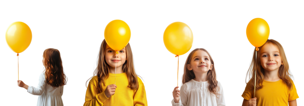 Collection of beautiful girls holding yellow balloons isolated on transparent background