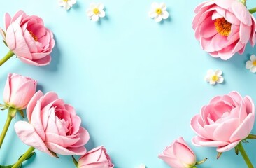Obraz premium Flat lay composition with beautiful flowers and space for text on light blue background. Floral card design