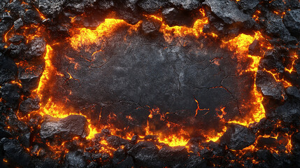 A fiery lava rock frame with glowing embers and cracks