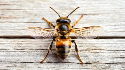 Close-Up of a Bee on Weathered Wooden Surface Displaying Intricate Details and Textures