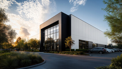 Obraz premium Modern industrial building exterior with large glass windows, surrounded by greenery and parked cars. scene captures serene sunset atmosphere
