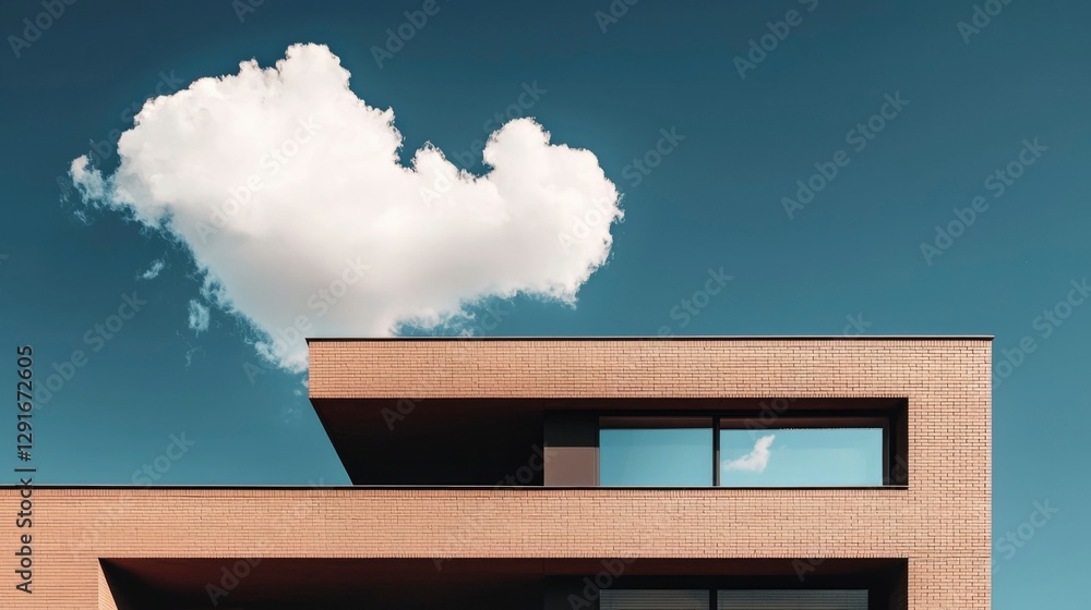 Poster modern building with cloud reflection, minimalist architecture