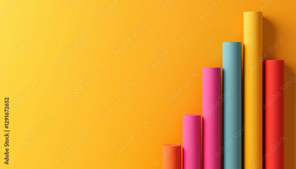 Poster colorful cylinders forming ascending graph on yellow background for data visualization