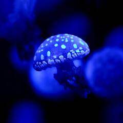  blue spotted jellyfish swimming in the sea
