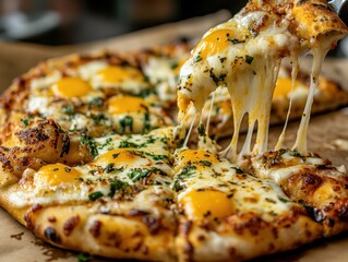 Delicious cheesy pizza with sunny-side-up eggs and fresh herbs on wooden table, perfect for food lovers and culinary enthusiasts to enjoy a savory treat