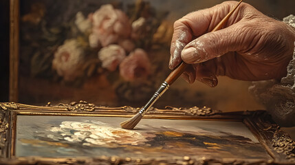Obraz premium Artistic Touch: A close-up view of a skilled hand delicately holding a paintbrush, adding the final strokes of color to an oil painting, showcasing the artist's dedication and the creative process.