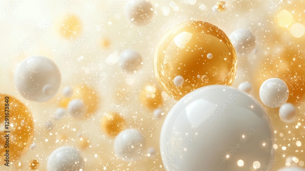 Poster abstract background with gold and white spheres floating in soft light.