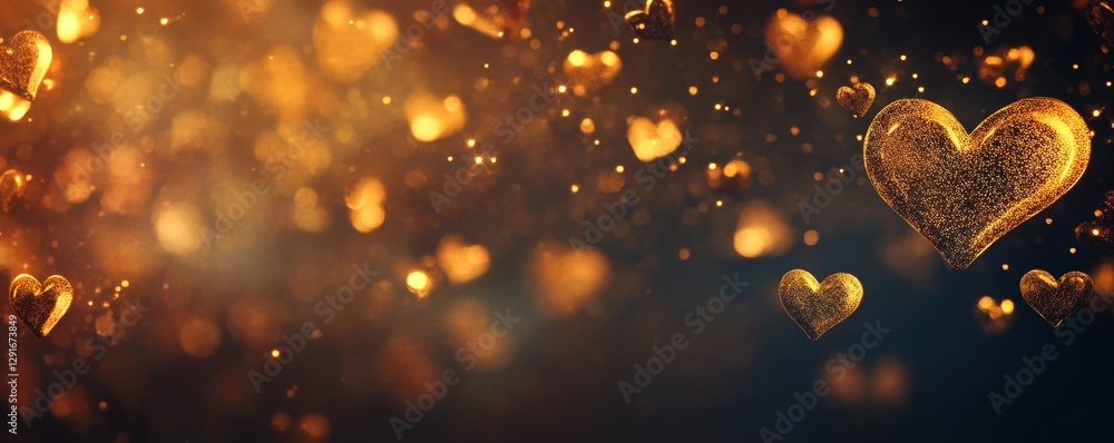 Poster golden hearts floating in a background of shimmering light create a romantic and magical atmosphere 