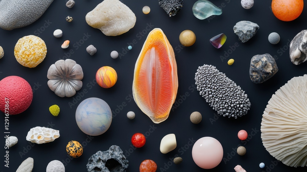 Poster visualization of micron-scale objects featuring diverse textures and colors against a dark backgroun