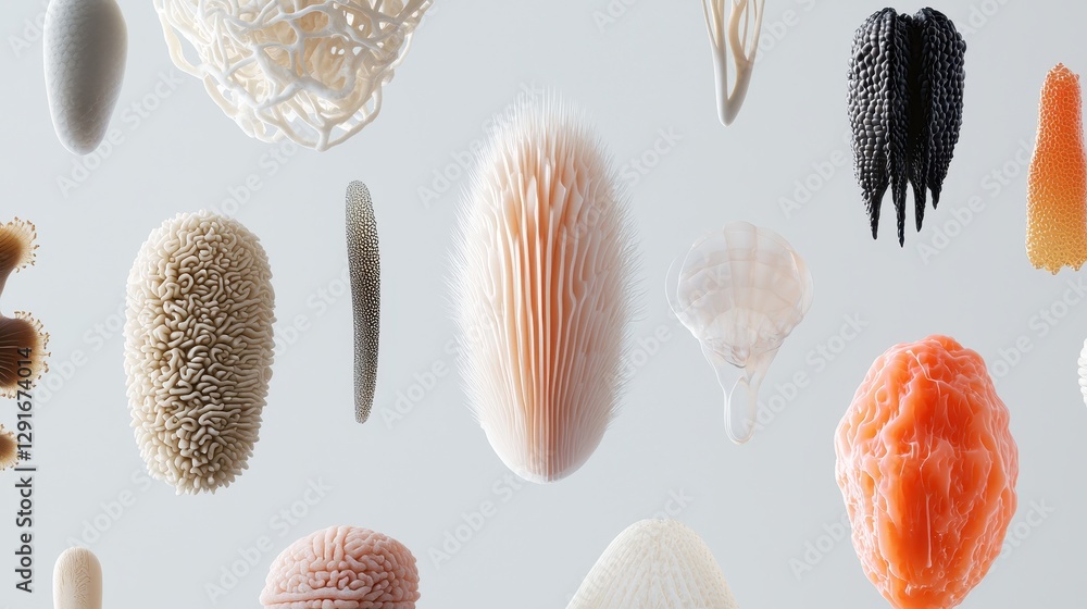 Poster detailed micron-level visualization featuring unique objects of various shapes and textures for scie