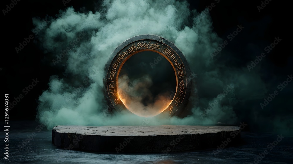 Poster mystical glowing portal surrounded by ancient runes and ethereal fog in the center creating a visual