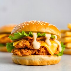 Juicy chicken burger, the background is a plain