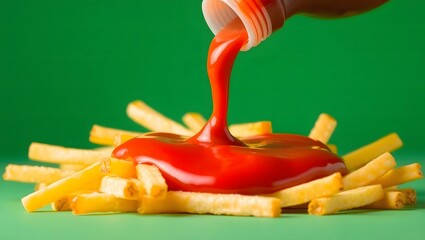  a bottle of ketchup pouring onto a pile of crispy french fries