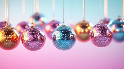 Fototapeta premium A series of sparkling disco balls hanging from a string creating a dazzling atmosphere for parties and celebrations