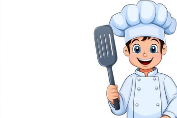 a 2D cartoon illustration of a chef holding a spatula, ready to cook, white background