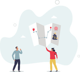 Salary negotiation strategies and wage raise planning .Pathway map with plan to talk with company boss for more money and financial earnings.flat character life .