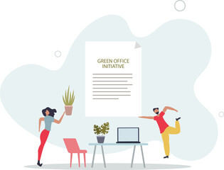Eco friendly office for company with green principles .Sustainable and environment care standards for cooperation workplace.flat character life .