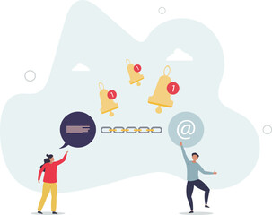 Chained communications with linked user notifications.Continuous flow with digital message and connection between chain parts .flat character life .