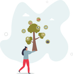 Brand development and company product recognition growth.Cooperative tree with finance, communication and strategy branches.flat character life .