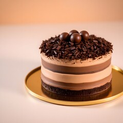 Chocolate mousse cake on a golden plate, sitting on a light beige surface